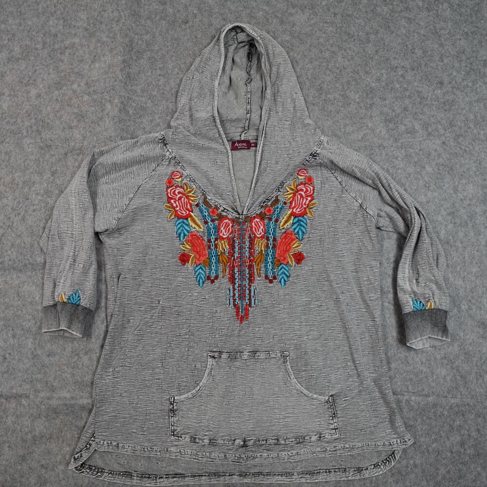 Avani Del Amour Top‎ Womens 3X Embroidered Floral Hooded Distressed Burnout Gray